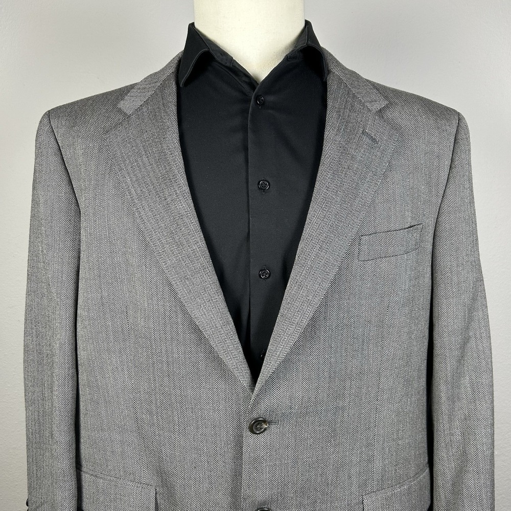 Lauren Ralph Lauren 46R Gray Herringbone 100% Wool Blazer Blue Stripe 2 Button
